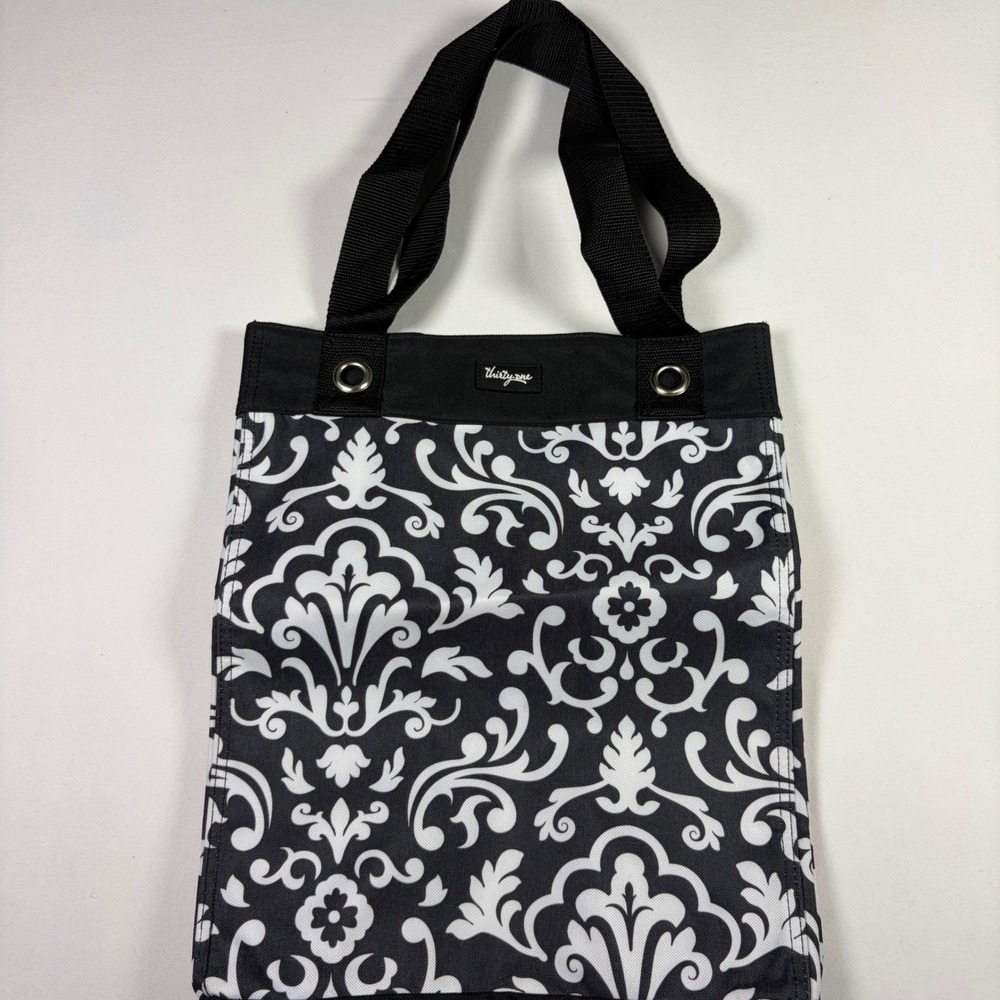 Thirty-One Tote Bag Damask Pattern Black White Canvas Travel Home Organization